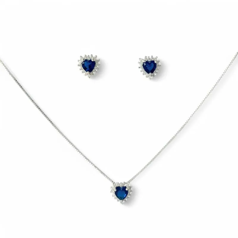Conjunto Coração Prata 925 Azul Royal com Microzircônias ao Redor