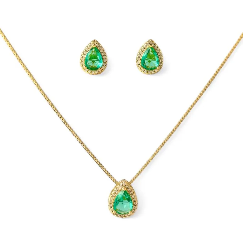 Conjunto Gota Verde Banhado a Ouro 18k com Microzircônias ao Redor