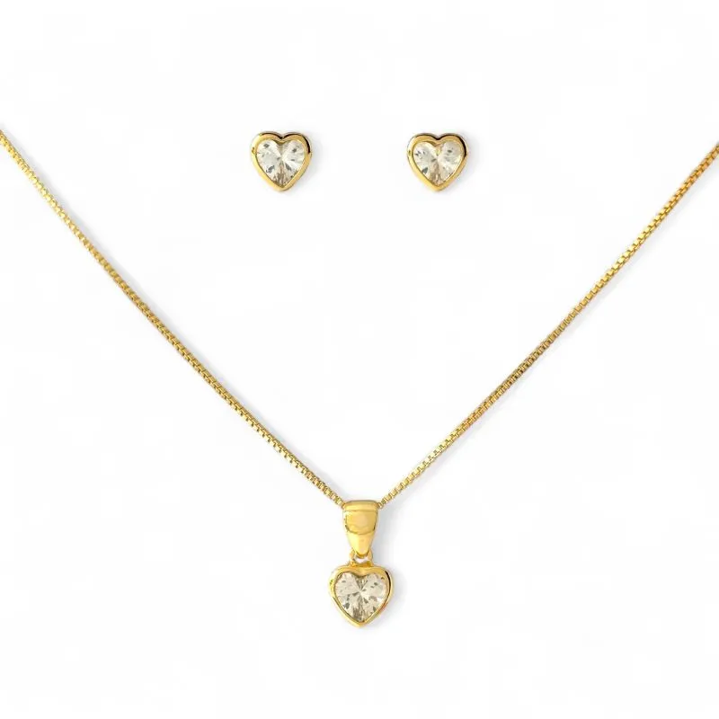 Conjunto Ponto de Luz Coração Banhado a Ouro 18k com Zircônias