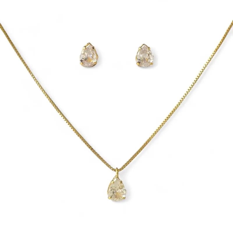 Conjunto Ponto de Luz Gota Banhado a Ouro 18k com Zircônias