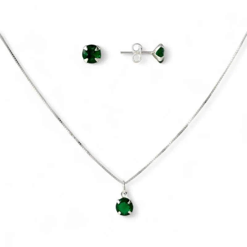 Conjunto Ponto de Luz Prata 925 com Zircônias Verde Esmeralda