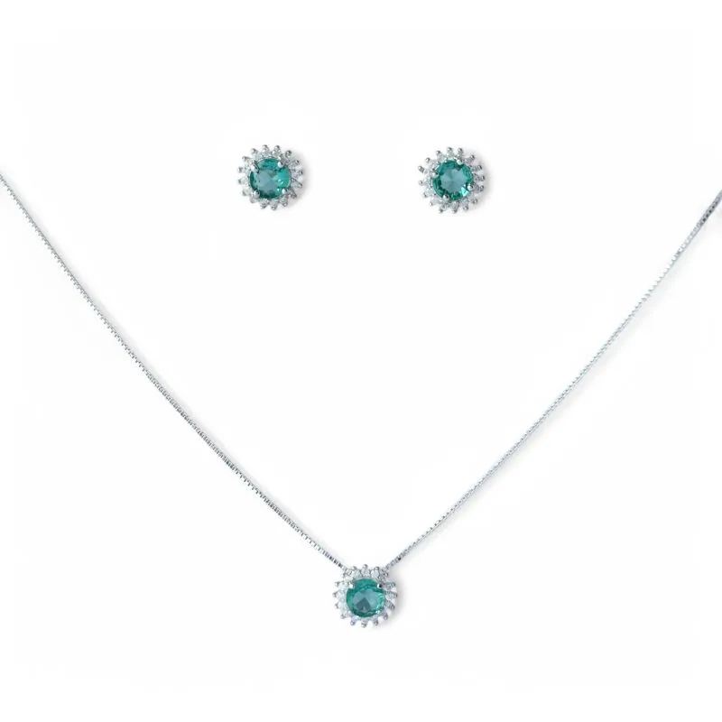 Conjunto Redondo Prata 925 Azul Tiffany com Microzircônias ao Redor