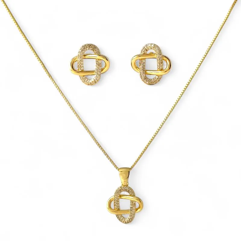 Conjunto Trevo Entrelaçado Banhado a Ouro 18k com Zircônias