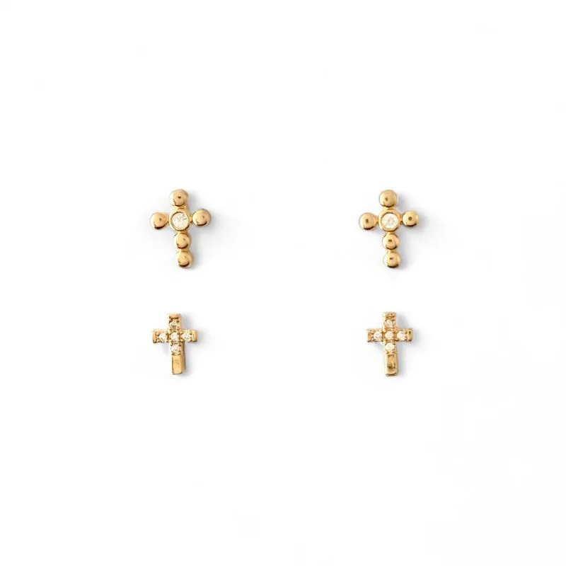 Dupla de Brincos de Cruz Banhado a Ouro 18k com Zircônias