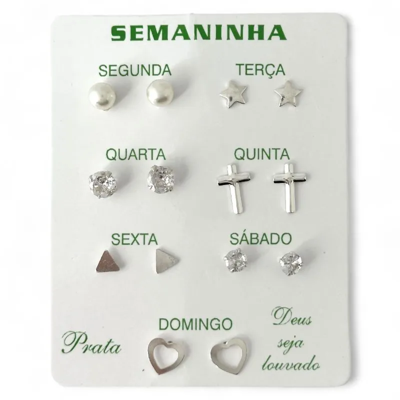 Kit de 7 Brincos Semaninha Prata 925 (Pérola, Estrela, Ponto de Luz, Cruz Triângulo, Ponto de Luz e Coração) Kit de 7 Brincos Semaninha Prata 925 (Pérola, Estrela, Ponto de Luz, Cruz Triângulo, Ponto de Luz e Coração)