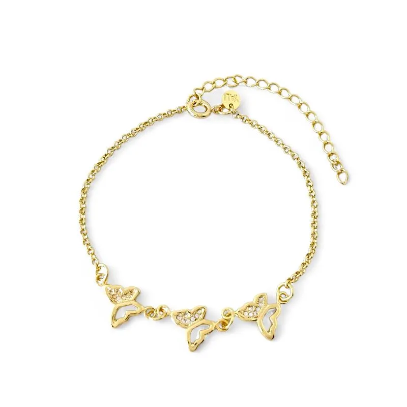 Pulseira 3 Borboletas Banhada a ouro 18k com Zircônias