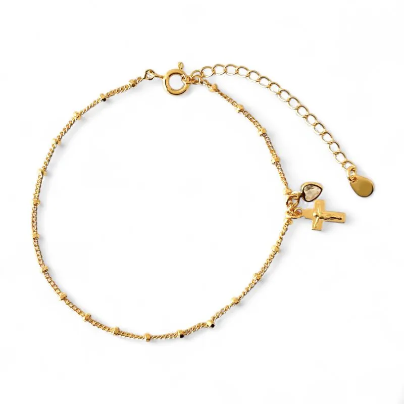 Pulseira Bolinhas com Cruz e Coração Banhada a Ouro 18k com Zircônia