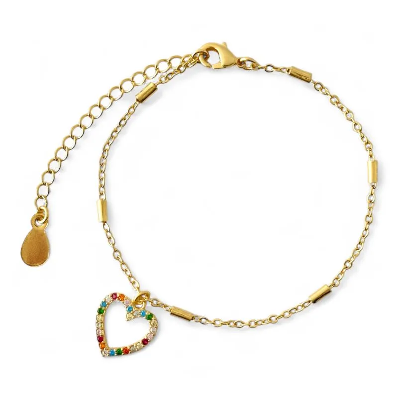 Pulseira Coração Banhada a Ouro 18k com Zircônias Coloridas