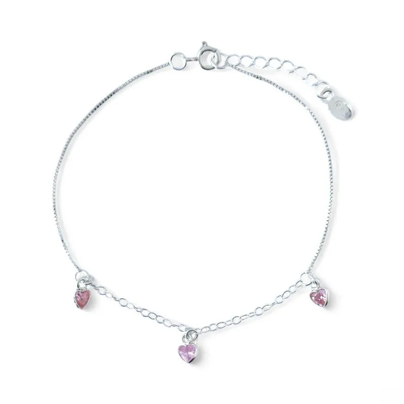 Pulseira Corações Prata 925 com Zircônias Rosa