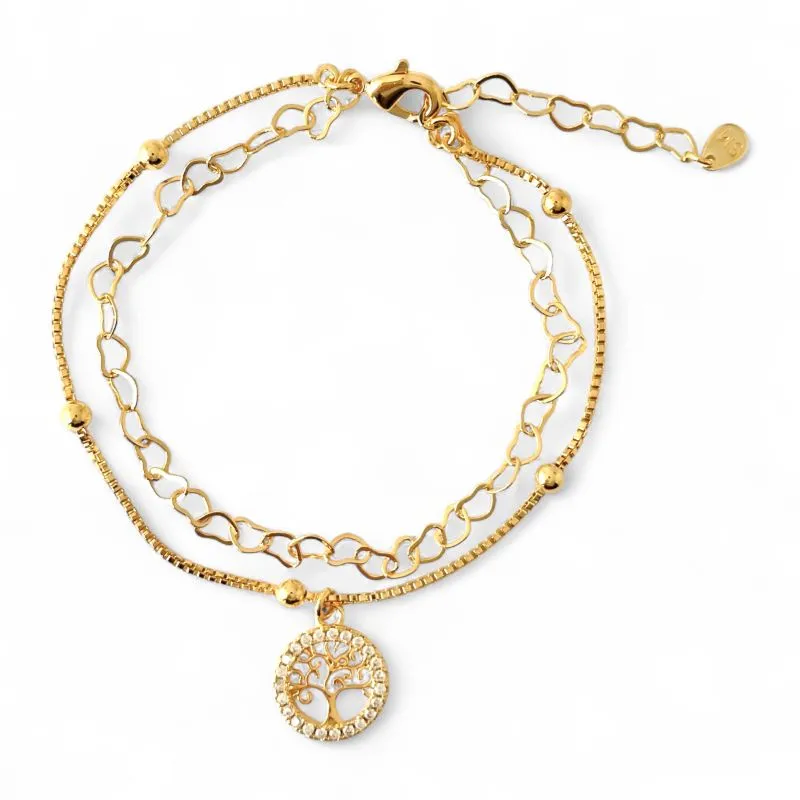 Pulseira Dupla Elo Coração e Veneziana Bolinhas Banhada a Ouro 18k com Árvore da Vida Cravejada com Zircônias