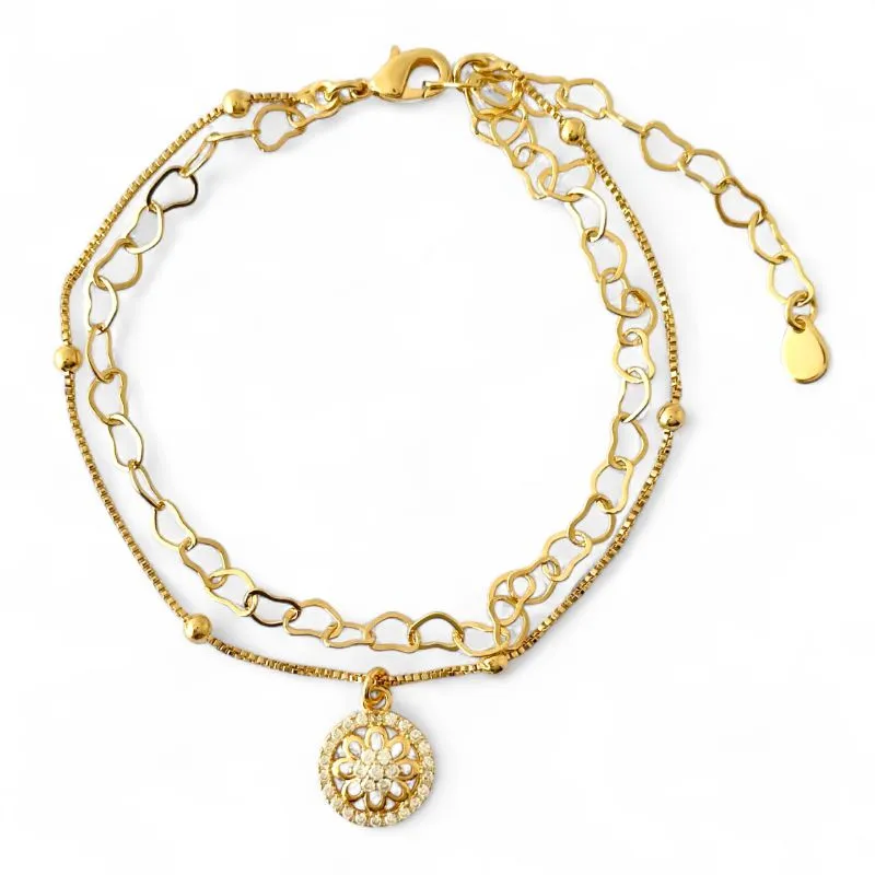 Pulseira Dupla Elo de Coração e Bolinha Banhada a Ouro 18k com Flor com Zircônias Pendurada