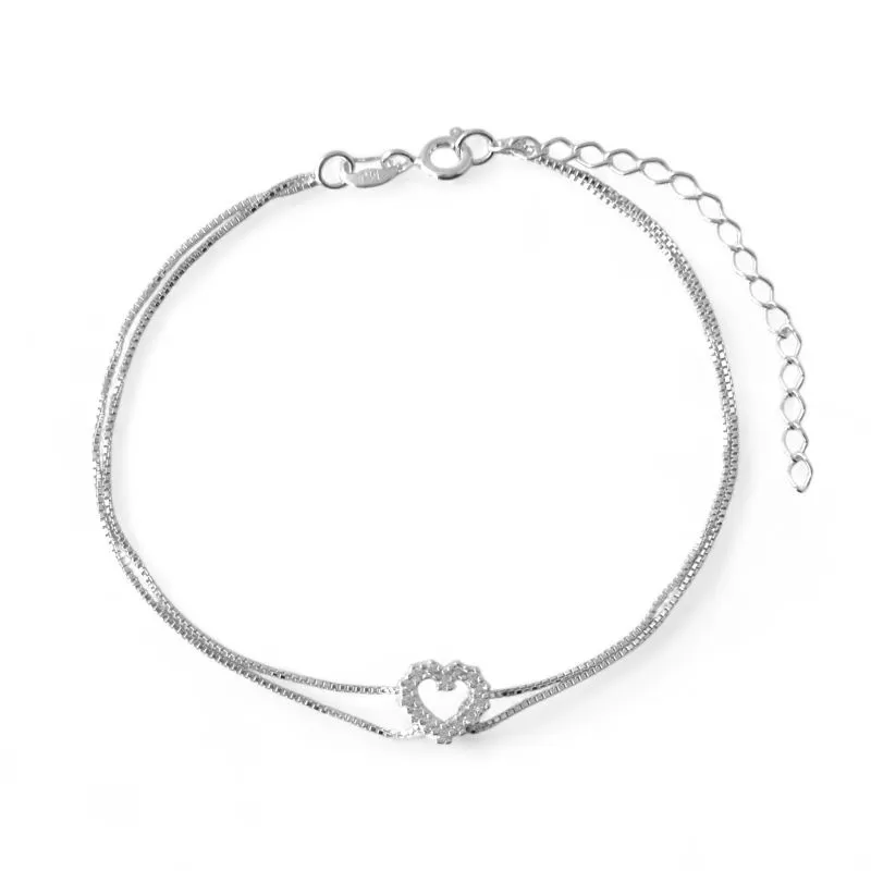 Pulseira Dupla Veneziana Coração Prata 925 com Zircônias