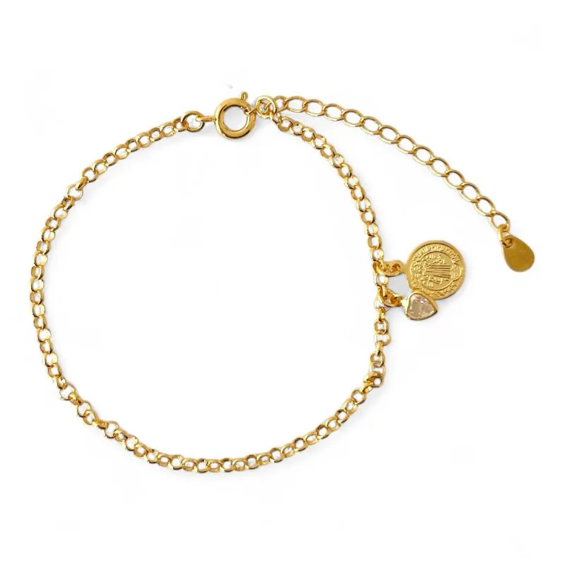 Pulseira Elo Português com Medalha de São Bento e Coração Banhada a Ouro 18k com Zircônia