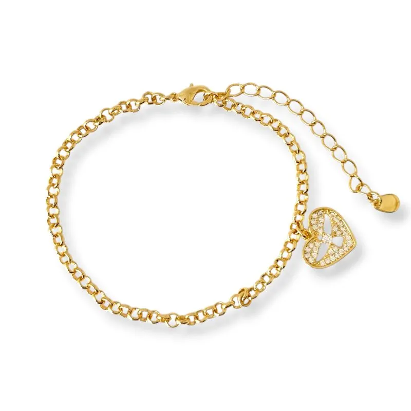 Pulseira Elo Português Espírito Santo Banhada a Ouro 18k com Coração com Zircônias