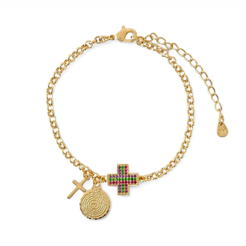 Pulseira Elo Português Medalha Oração, Cruz Colorida e Cruz Lisa Banhada a Ouro 18k com Zircônias