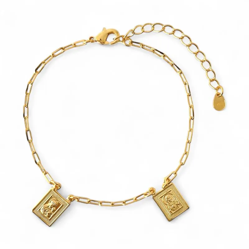 Pulseira Escapulário Elo Cartier Nossa Senhora e Sagrado Coração de Jesus Banhada a Ouro 18k