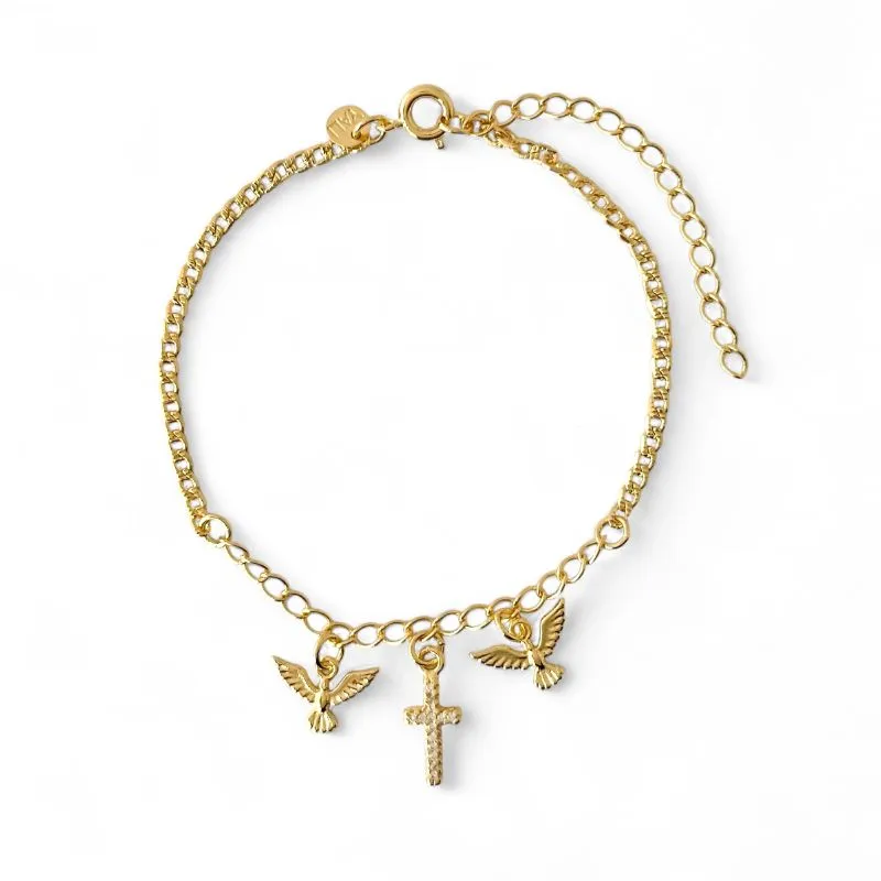 Pulseira Espírito Santo e Cruz Banhada a Ouro 18k com Zircônias