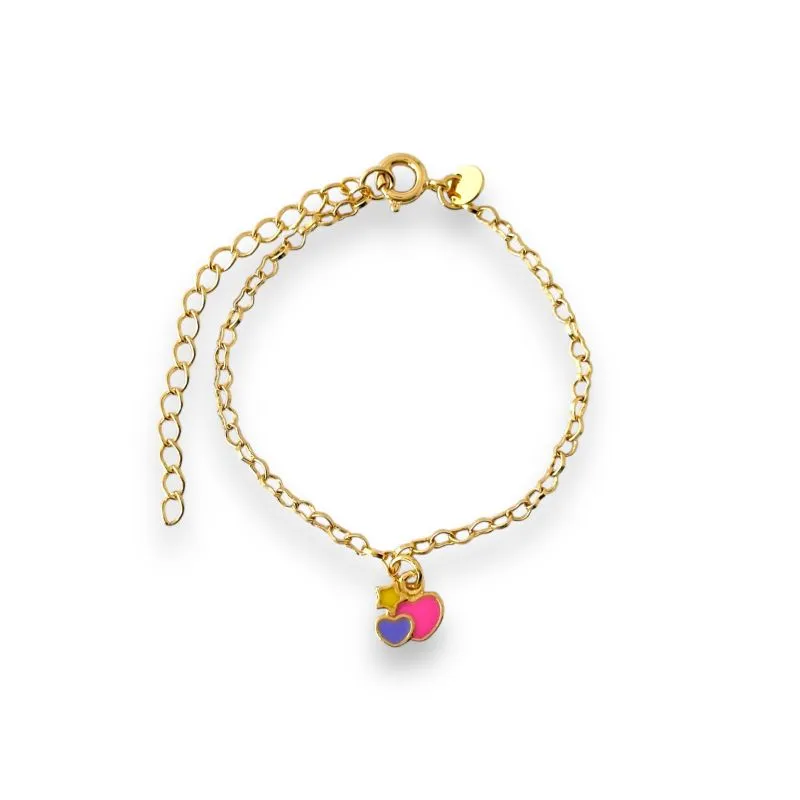 Pulseira Infantil Coração Rosa e Lilás e Estrela Amarela Banhada a Ouro 18k