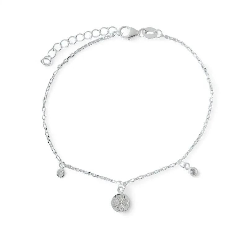 Pulseira Trevo e 2 Pontos de Luz Prata 925 com Zircônias