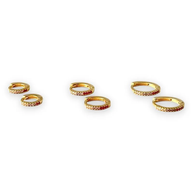 Trio de Brincos Argola Banhado a Ouro 18k com Zircônias Rosa