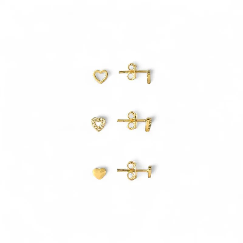 Trio de Brincos de Coração Banhado a Ouro 18k Liso e com Zircônias