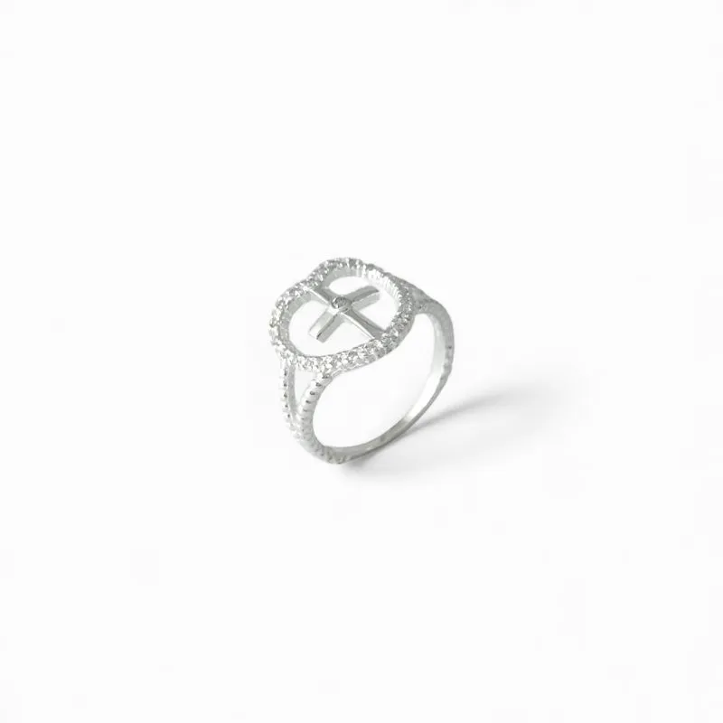 Anel Cruz e Coração Prata 925 Vazado com Zircônias