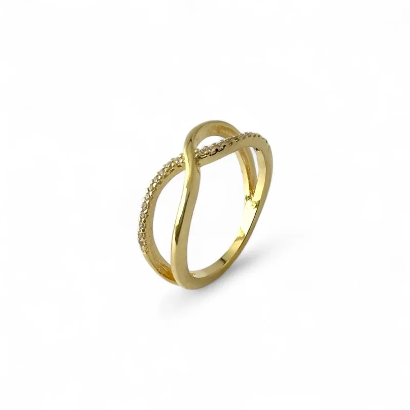 Anel X Banhado a Ouro 18k Formato de X com 1 Linha Lisa e 1 Linha de Zircônias Tam17