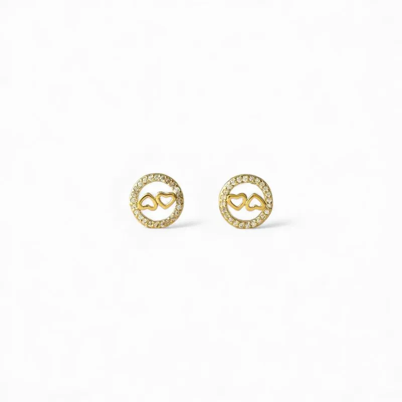 Brinco Circular 2 Corações Banhado a Ouro 18k Vazado com Zircônias