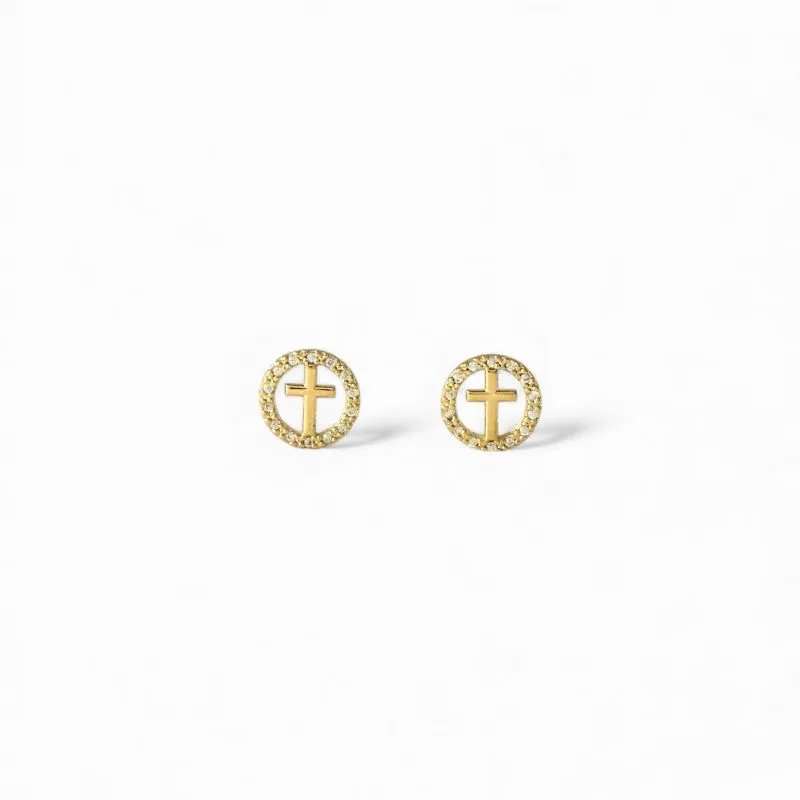Brinco Circular Cruz Banhado a Ouro 18k Vazado com Zircônias