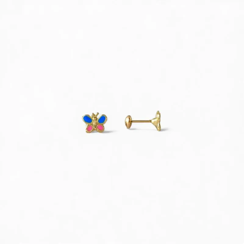 Brinco Infantil Borboleta Azul e Rosa Banhado a Ouro 18k com Tarraxa Baby