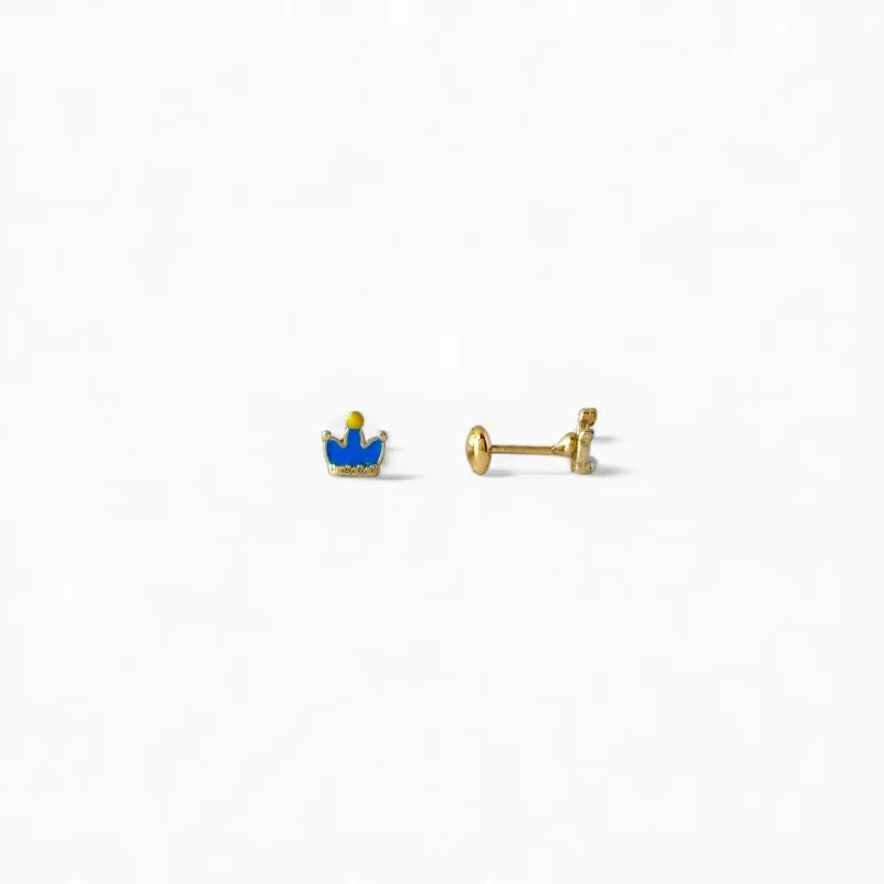Brinco Infantil Coroa Azul Banhado a Ouro 18k com Tarraxa Baby
