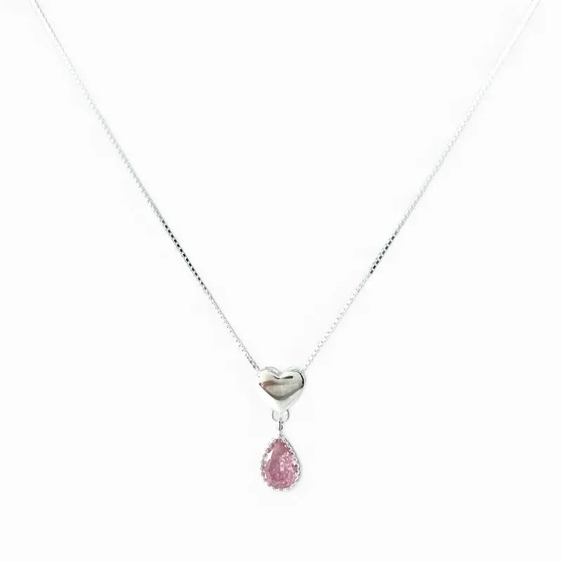 Colar Coração com Gota Rosa Prata 925 com Zircônia
