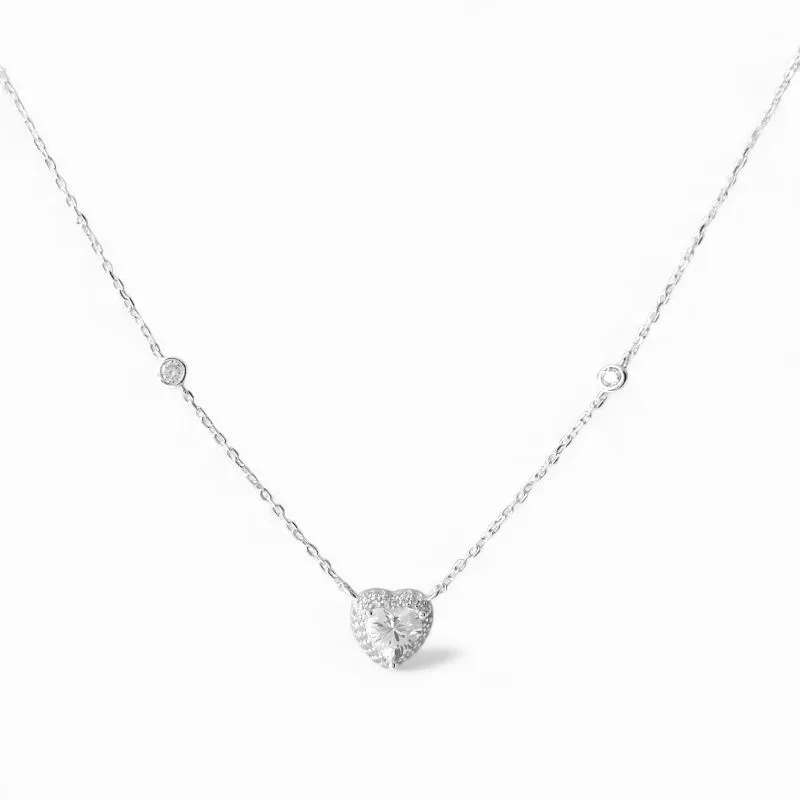 Colar Coração Prata 925 com Zircônias e 2 Pontos de Luz em Zircônia