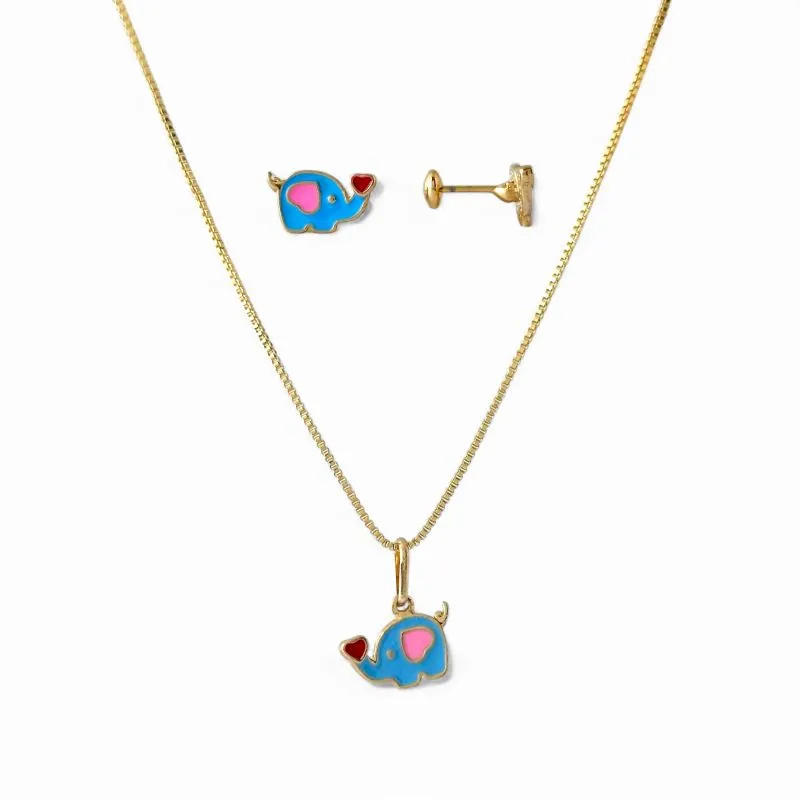Conjunto Infantil Elefante Azul e Rosa Banhado a Ouro 18k com Tarraxa Baby