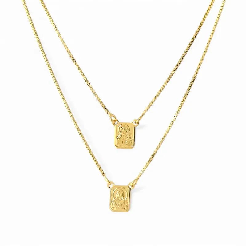 Corrente Escapulário Sagrado Coração de Jesus e Nossa Senhora do Carmo Banhado a Ouro 18k