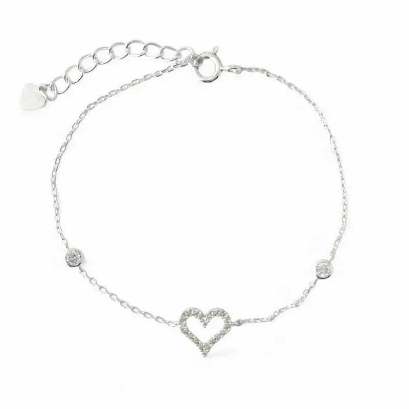 Pulseira Coração Prata 925 com Zircônias e 2 Pontos de Luz em Zircônia