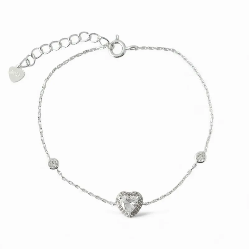 Pulseira Coração Prata 925 com Zircônias e 2 Pontos de Luz em Zircônia