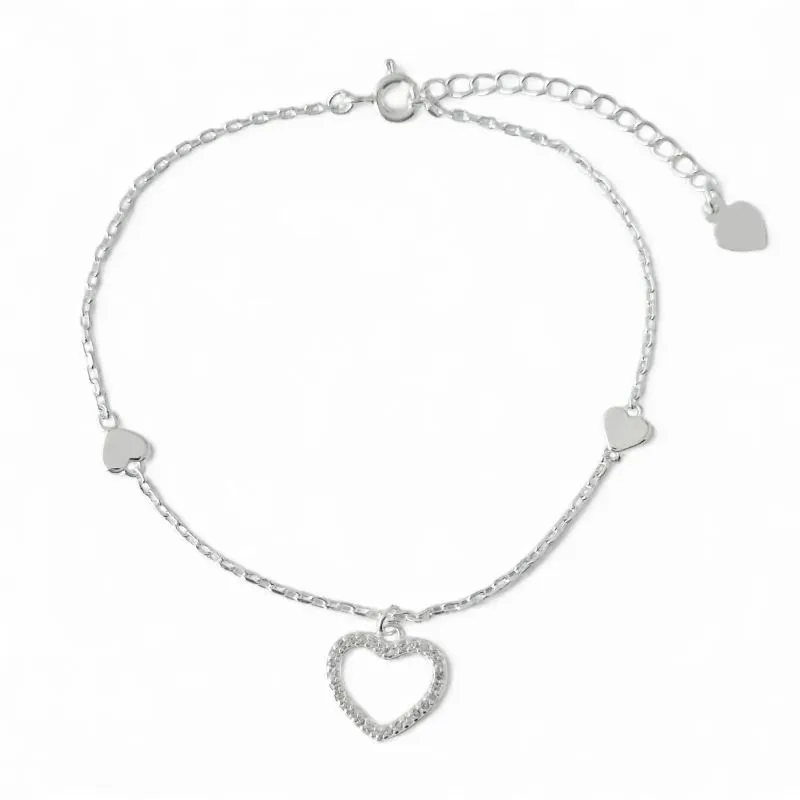 Pulseira Corações Prata 925 com Coração de Zircônias e 2 Corações Lisos
