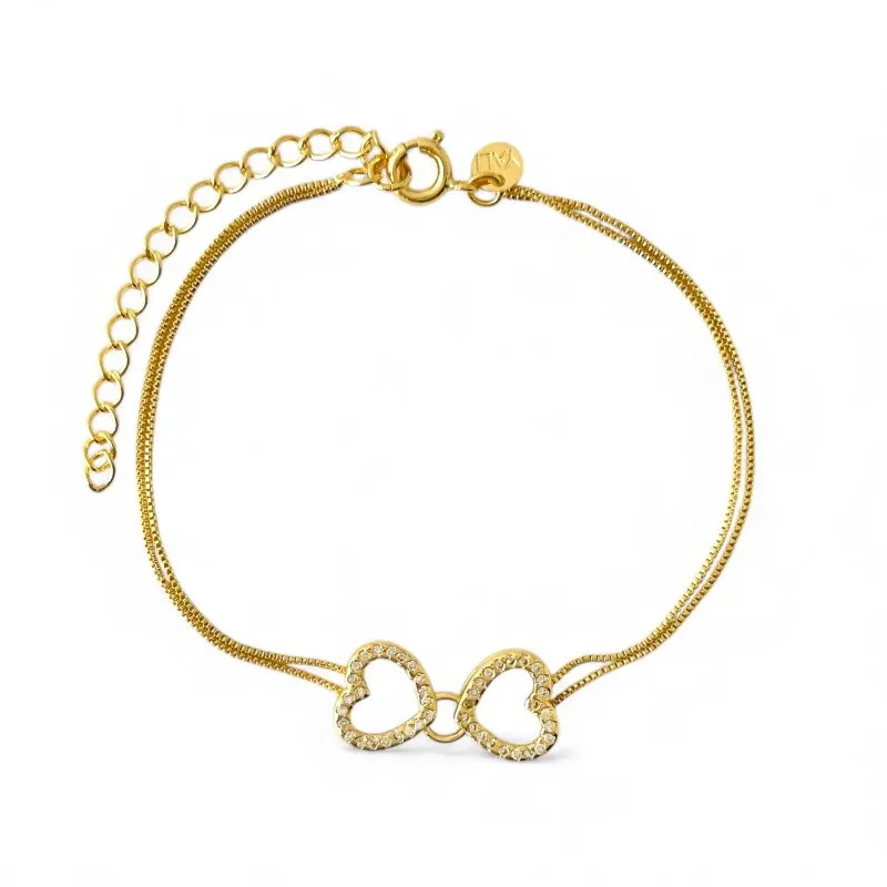 Pulseira Dupla Veneziana Coração Banhada a Ouro 18k com Zircônias