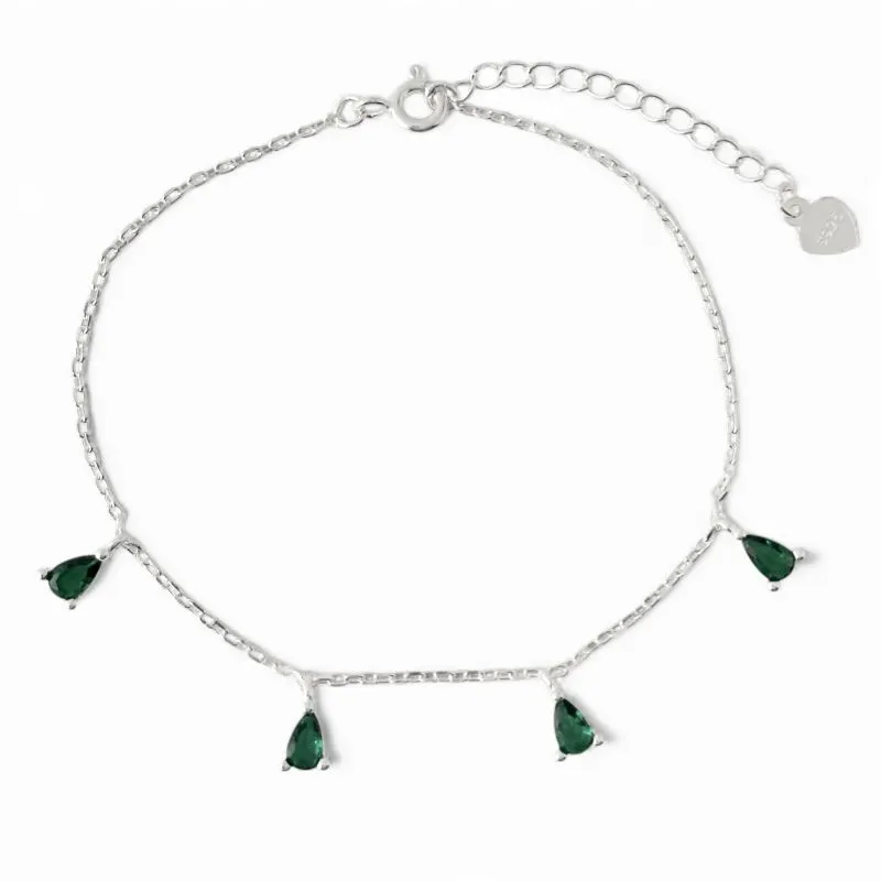 Pulseira Gotas Prata 925 com 4 Gotas de Zircônias Verde Esmeralda