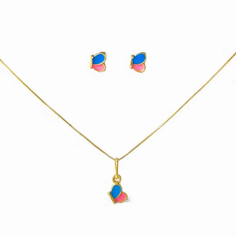 Conjunto Infantil Borboleta Rosa e Azul Banhado a Ouro 18k