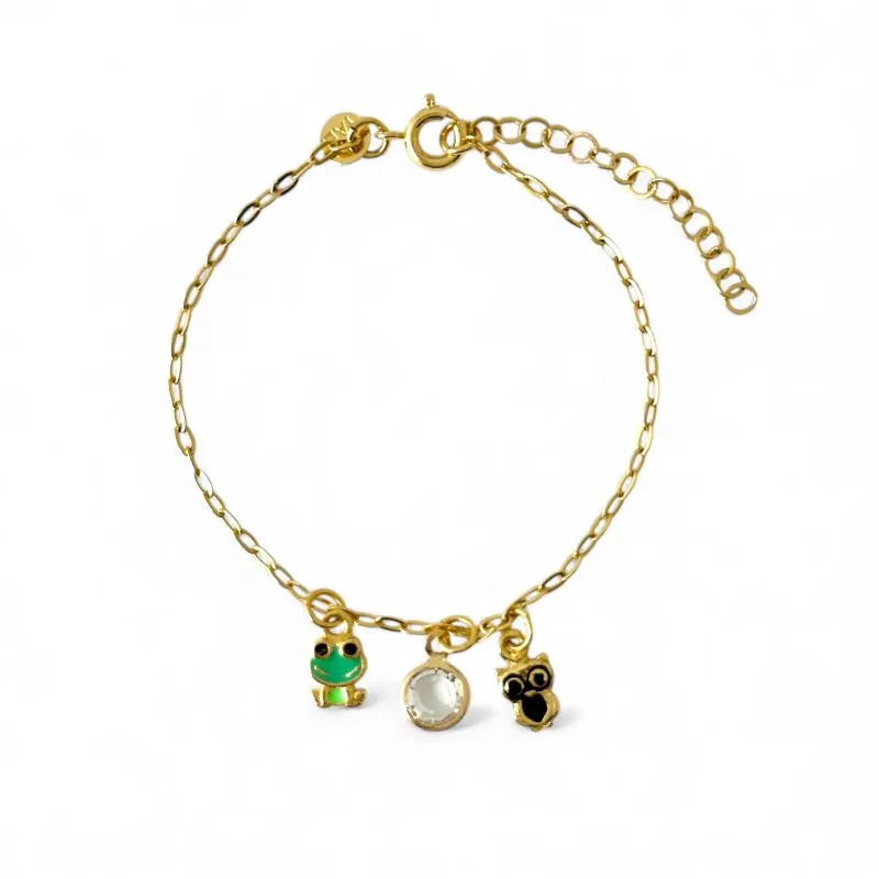 Pulseira Infantil Sapo, Coruja e Ponto de Luz Zircônia Banhada a Ouro 18k