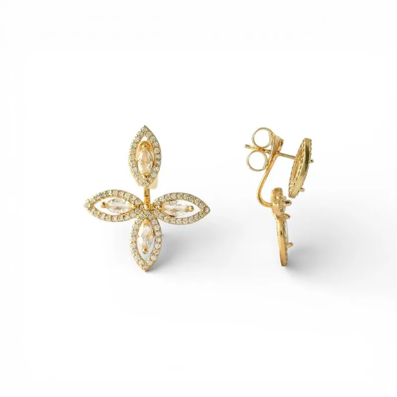 Brinco 2 em 1 Flor e Losango Banhado a Ouro 18k com Zircônias