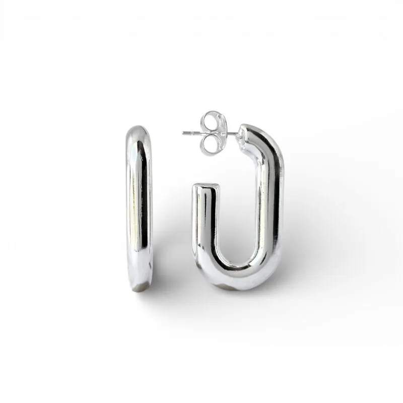 Brinco Argola Aberta Tubo Retangular Folheada a Prata - 3,3cm