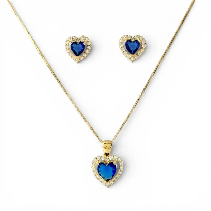 Conjunto Coração Azul Safira Banhado a Ouro 18k com Microzircônias ao Redor