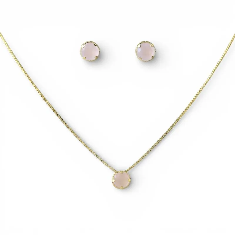 Conjunto Ponto de Luz Redondo Rosa Leitoso Banhado a Ouro 18k com Zircônias - 6mm