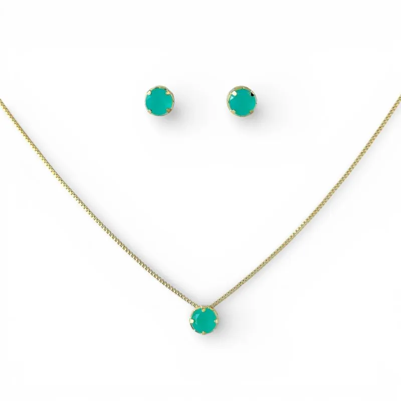 Conjunto Ponto de Luz Redondo Verde Leitoso Banhado a Ouro 18k com Zircônias - 6mm