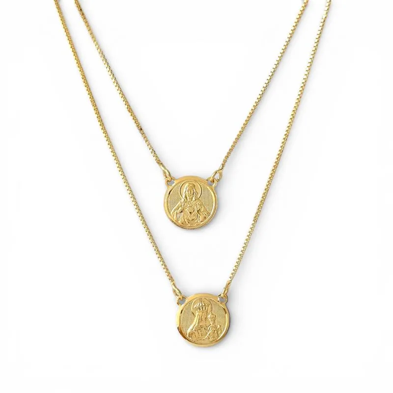 Corrente Escapulário Medalha Redonda Sagrado Coração de Jesus e Nossa Senhora do Carmo Banhada a Ouro 18k