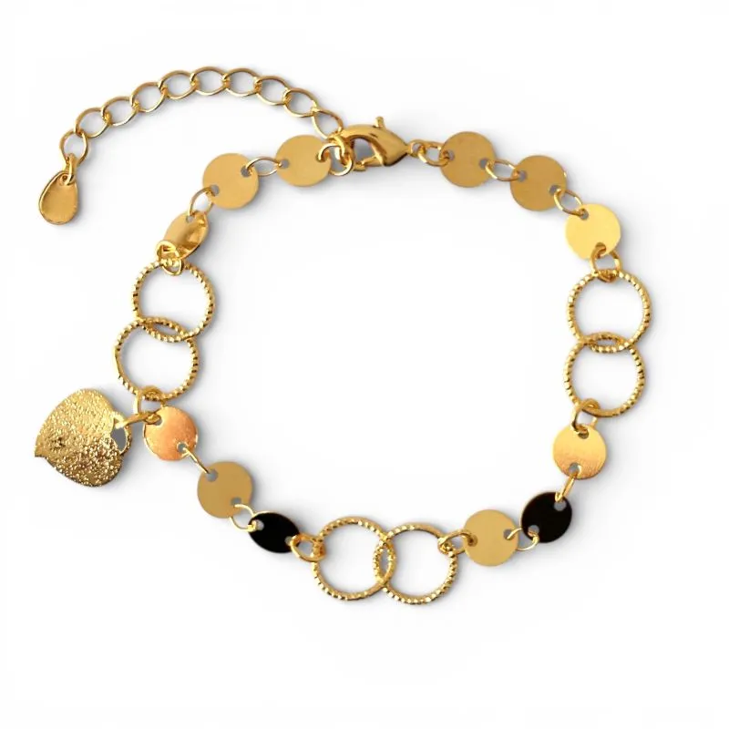 Pulseira de Elos e Coração com Círculos Vazados e Trabalhados Banhada a Ouro 18k