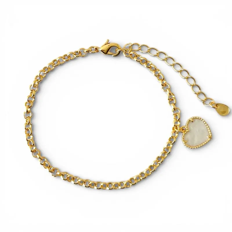 Pulseira Elo Português com Coração de Madrepérola Banhada a Ouro 18k
